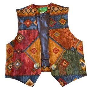 Vintage Western Colorful Aztec  Vest with Silver Concho Buttons Womens Small